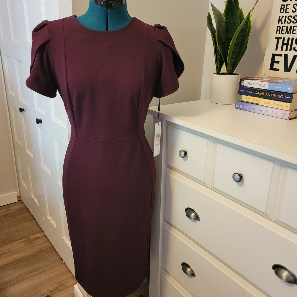 Calvin Klein Pleated Puff Sleeve Sheath Dress